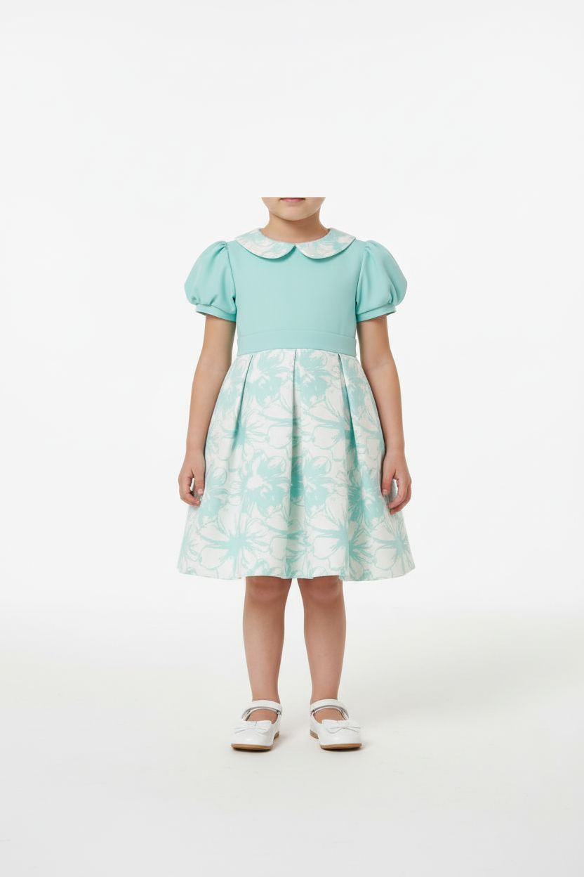 Turquoise Floral Jacquard Dress - Puff Sleeve (2-7yrs) Dress Himms