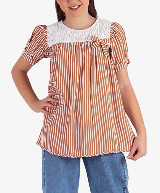 Brown Stripe Short Sleeve Blouse KIDS WEAR PAFIM