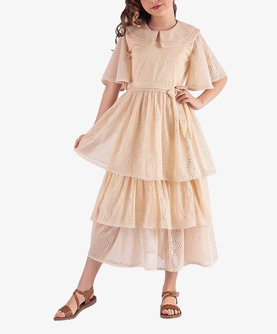 Beige Short Sleeve Lace Dress DRESS PAFIM