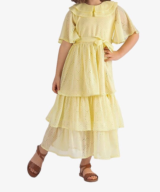 Yellow Short Sleeve Lace Dress DRESS PAFIM 