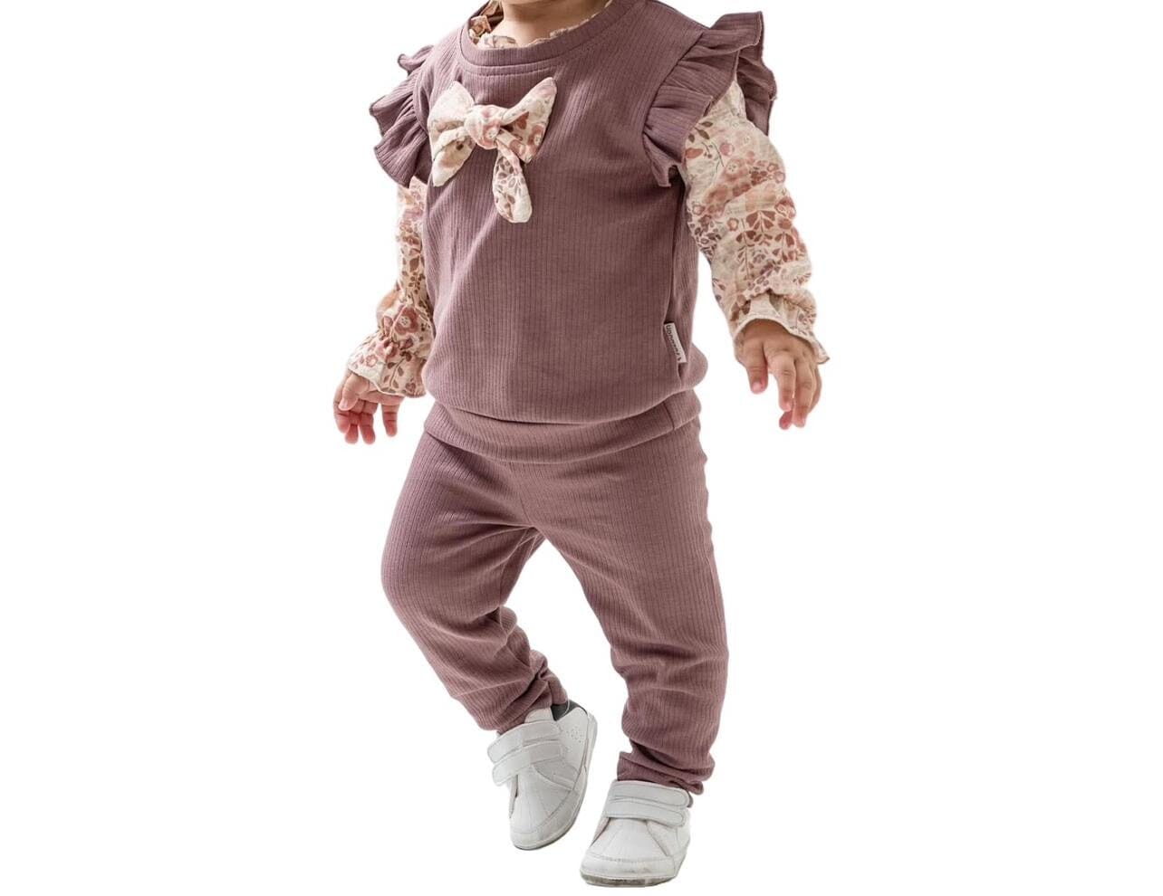 Baby Girl Ribbed Cotton Set with Floral Sleeves baby pajama Moeboon