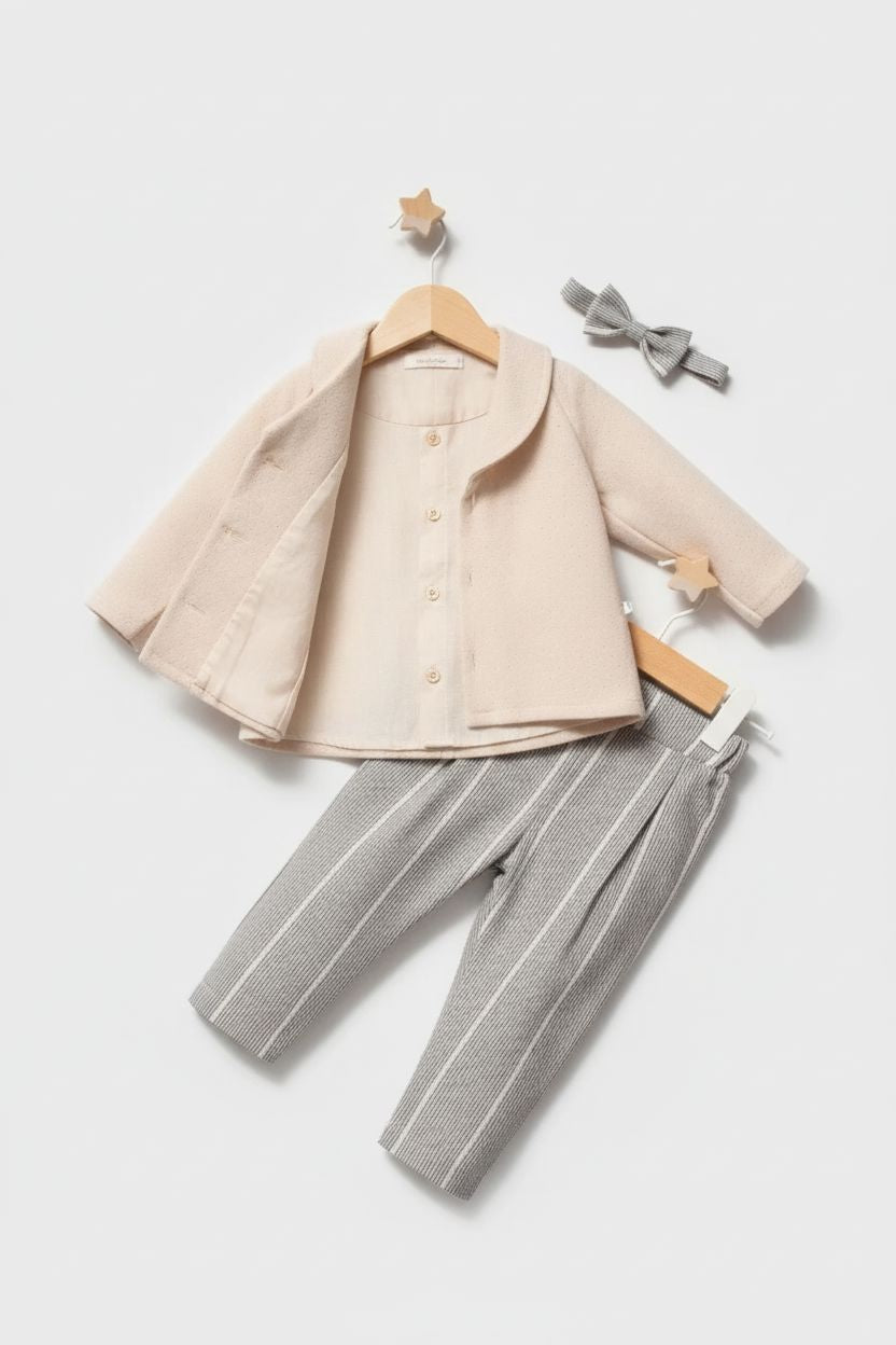 Beige 3-Piece Baby Boy Formal Set - Bow Tie & Striped Trousers Boys Formal Sets TONGS
