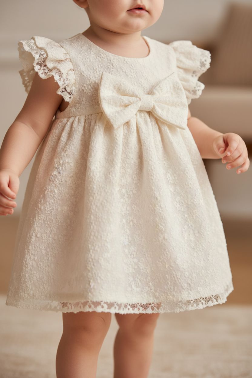 Baby Girl Ecru Flutter Sleeve Dress Baby dress my mio