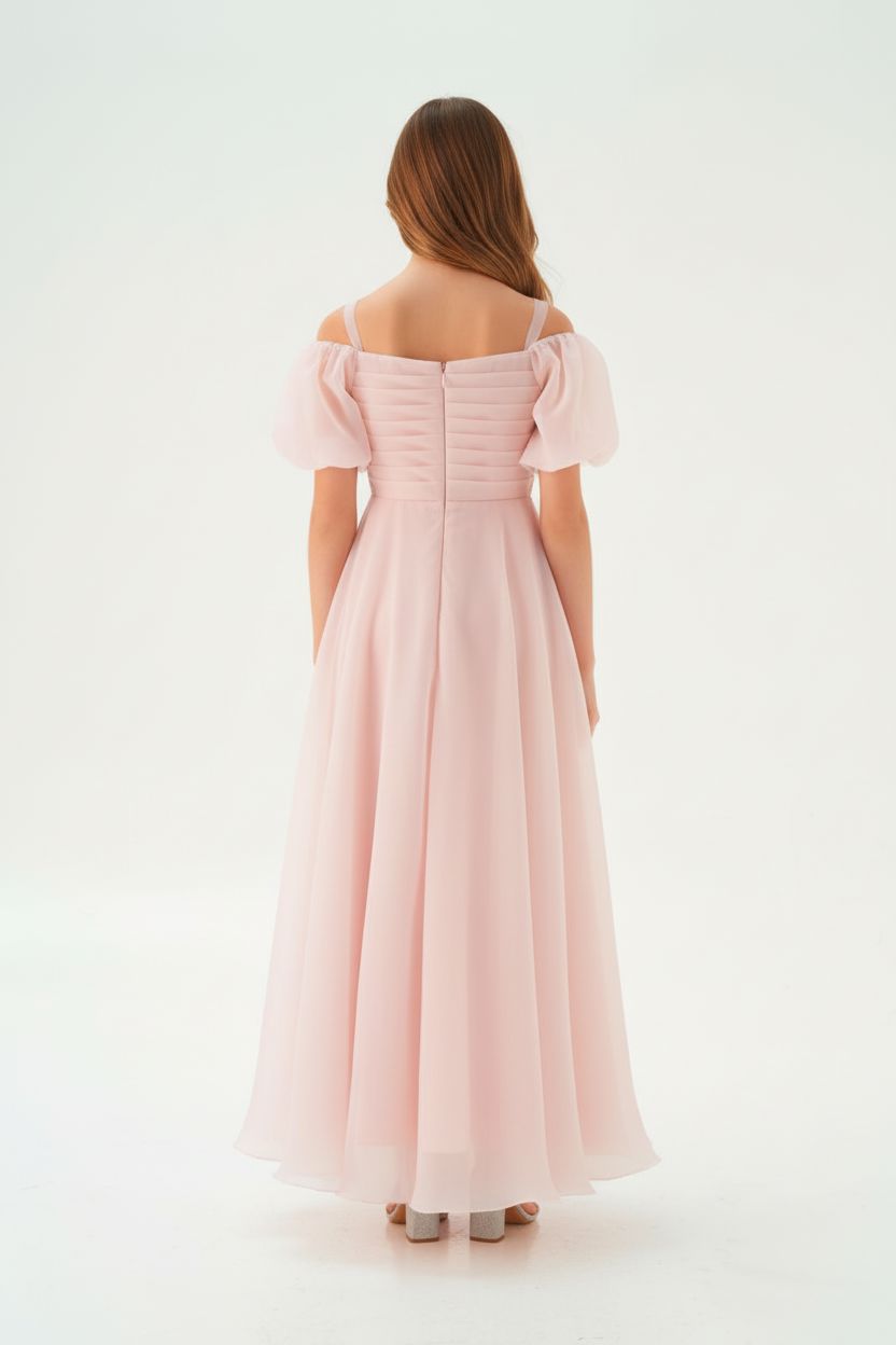 Blush Pink Taffeta Maxi Dress with Puff Sleeves Teens party Dress Helenakids
