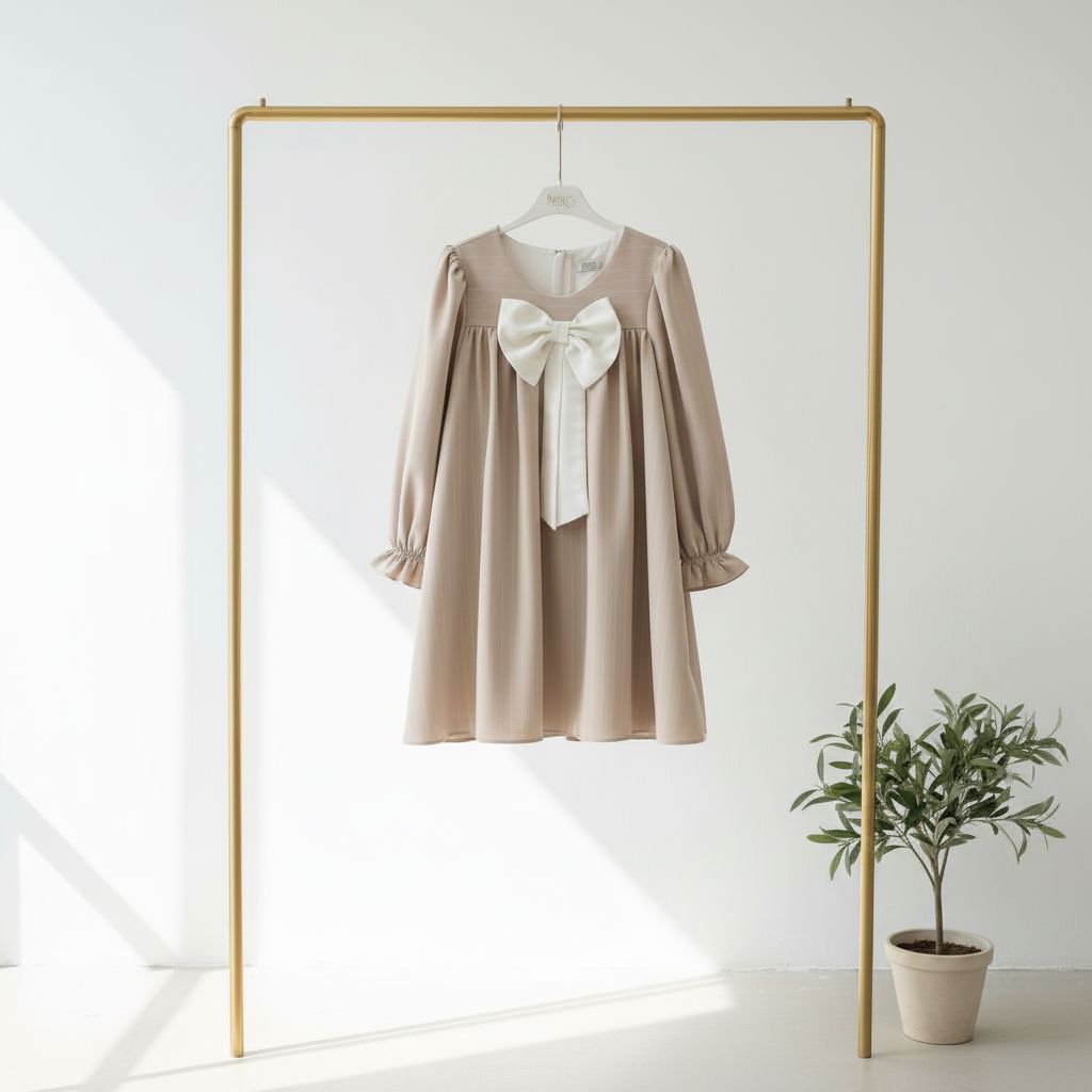 Beige Bow Detail Dress - Long Sleeve (8-13yrs) DRESS Himms