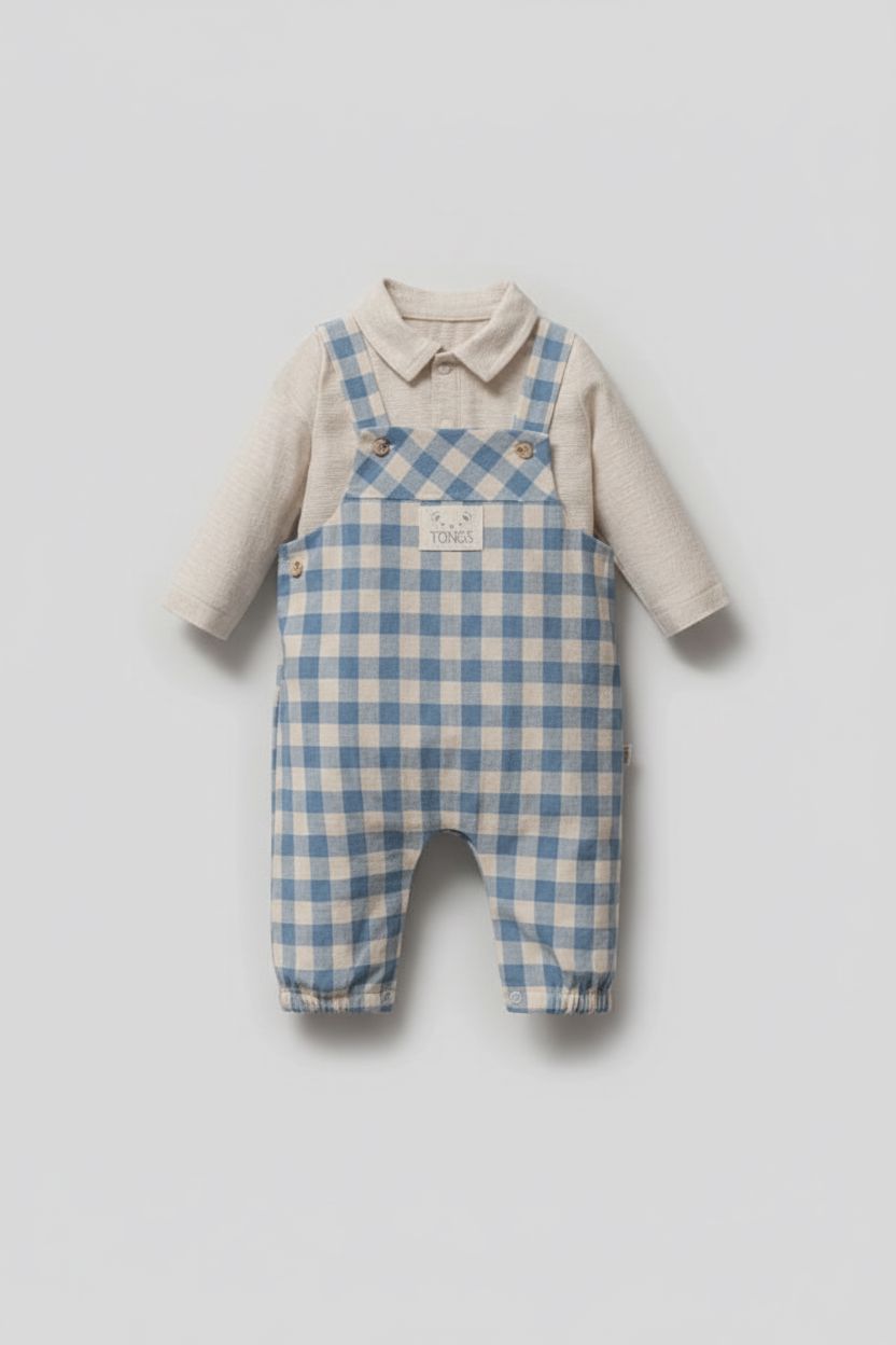 Blue Check Dungarees & Collared Shirt Set 2 pieces baby boy outfit TONGS