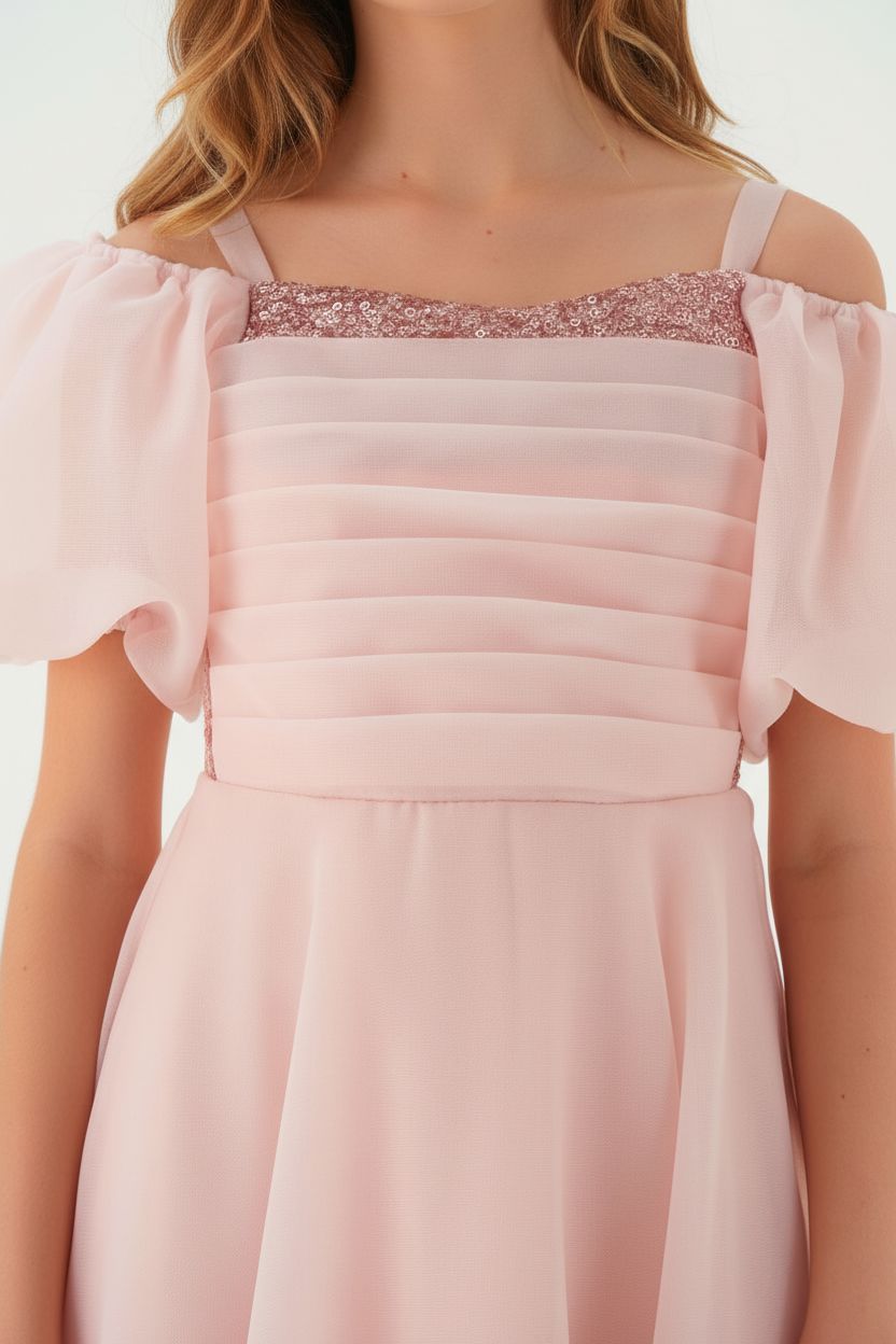 Blush Pink Taffeta Maxi Dress with Puff Sleeves Teens party Dress Helenakids