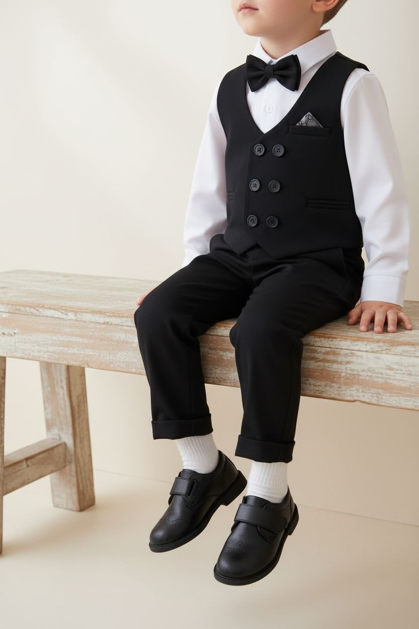 4-Piece Black and White Shirt Bow Tie Vest and Trousers Set (2-6 Yrs) Boys wear Terry