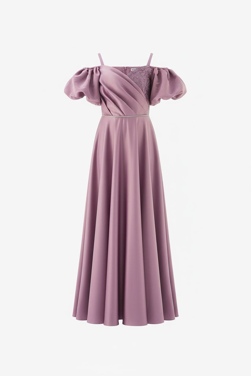 Purple Satin Off-Shoulder Maxi Dress with Wrapped Front General Helenakids