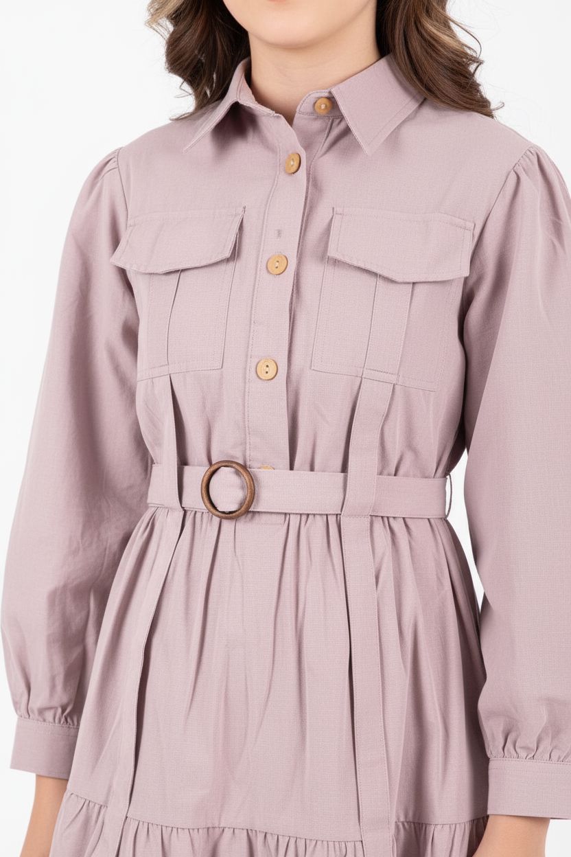 Dusty Mauve Cotton Tiered Shirt Dress with Ring Belt Detail DRESS PAFIM