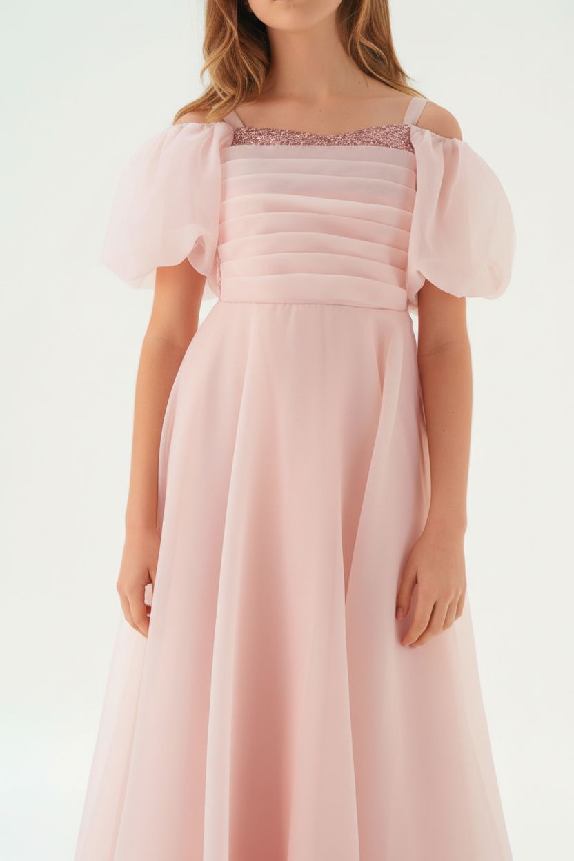 Blush Pink Taffeta Maxi Dress with Puff Sleeves Teens party Dress Helenakids