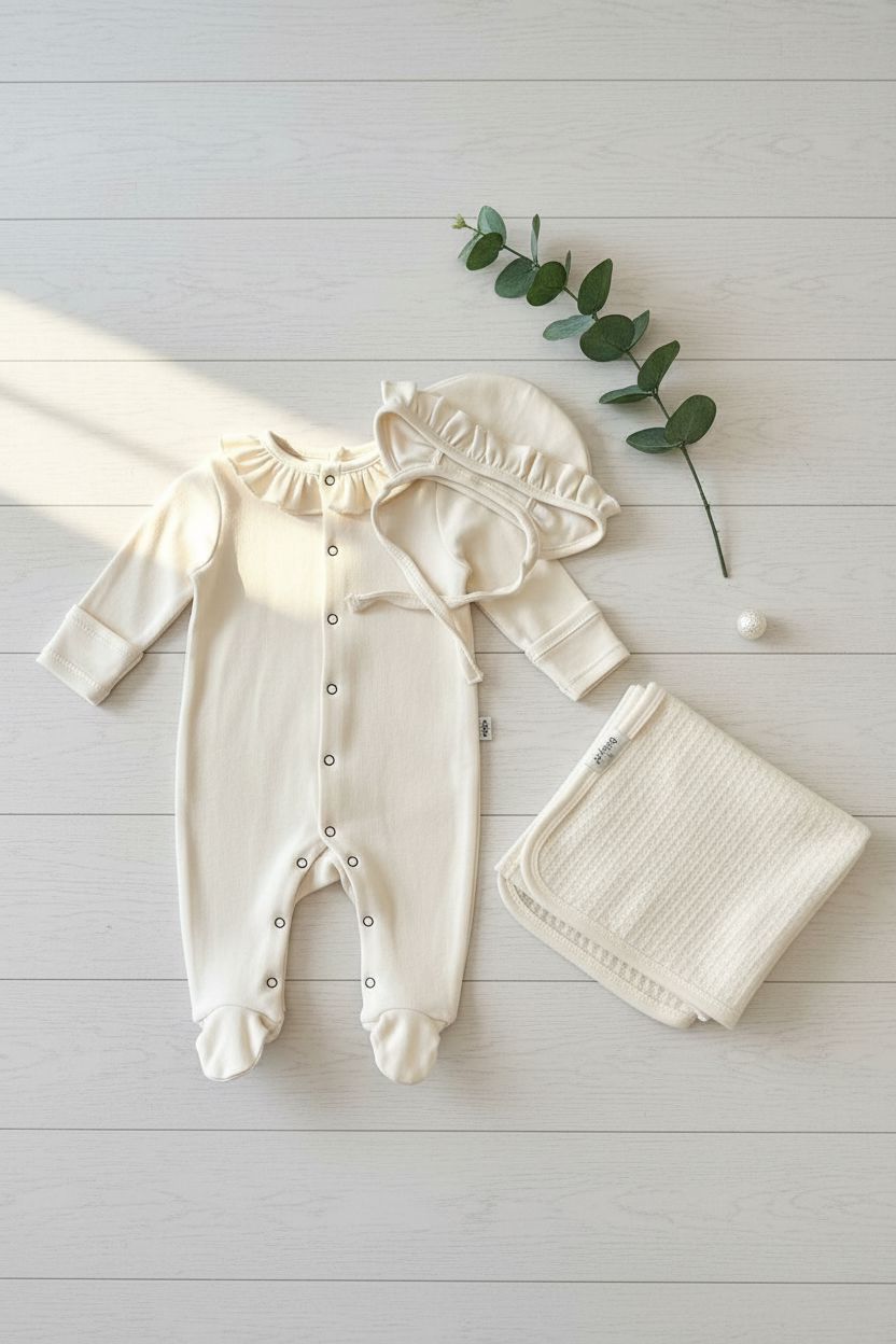 Cream Ruffle Romper Set - 3 Pieces Baby Gift Set Bistyle