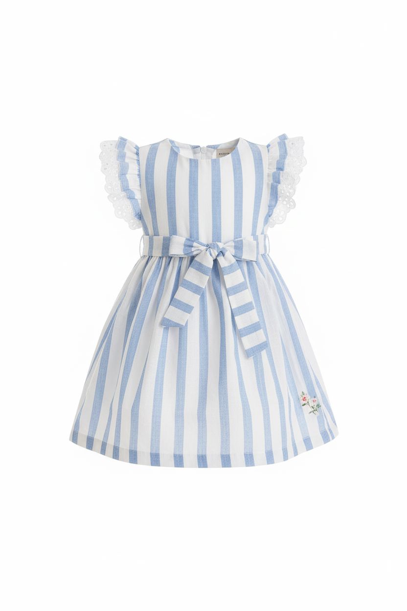 Blue Striped Cotton Dress with Ruffle Sleeves (6-24M) Baby dress FOR MY BABY