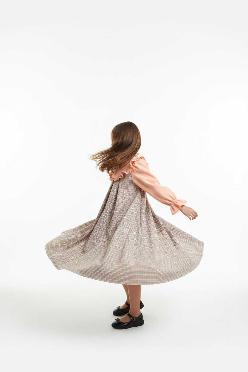 Coral & Beige Plaid Long Sleeve Dress with Bow Detail kids dress Himms