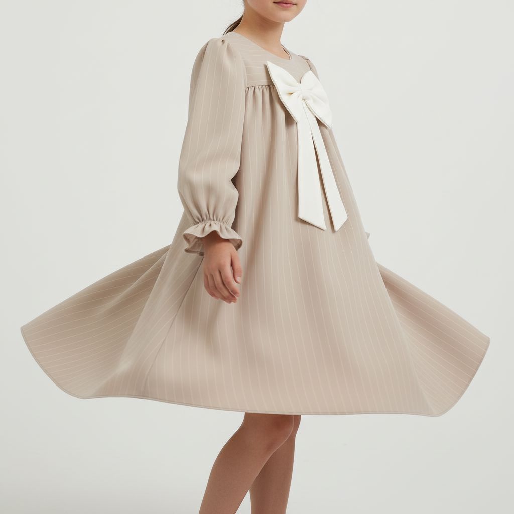 Beige Bow Detail Dress - Long Sleeve (8-13yrs) DRESS Himms