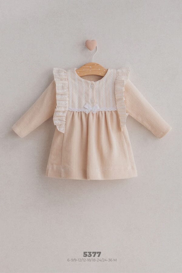 Cream Ruffle Bib Dress - Long Sleeve Cotton Baby Girl Dress (6mths-3yrs) Baby dress TONGS