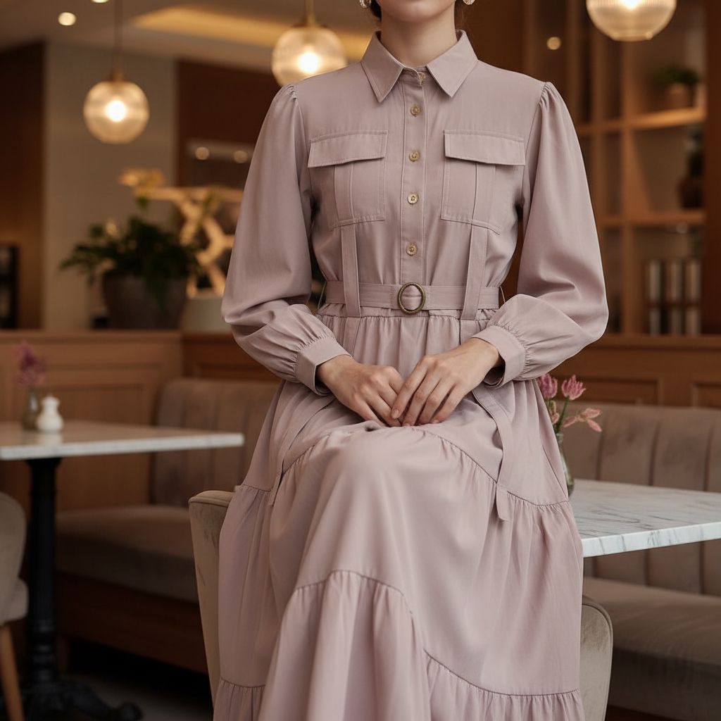 Dusty Mauve Cotton Tiered Shirt Dress with Ring Belt Detail DRESS PAFIM