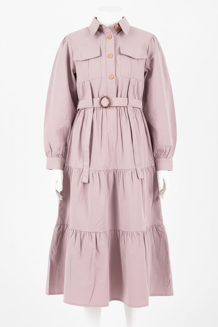 Dusty Mauve Cotton Tiered Shirt Dress with Ring Belt Detail DRESS PAFIM