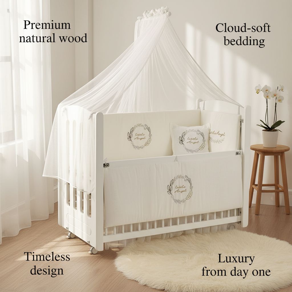 Meltem Smart Mia 3-in-1 Convertible White Wooden Crib with Off-White Bedding furniture Meltem Smart
