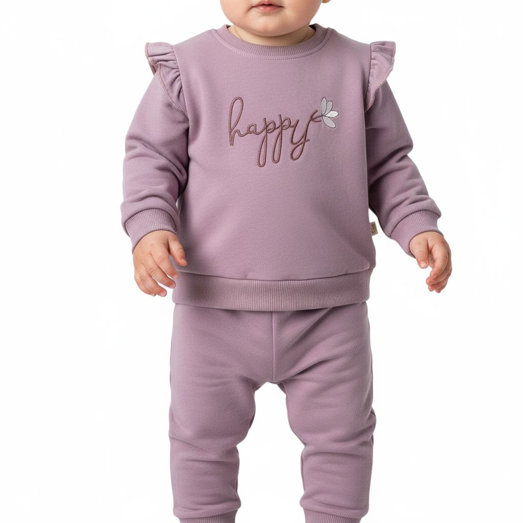 Happy Embroidered Girls Sweatshirt Set (6-24M) - 2 Pieces baby pajama Bobisko