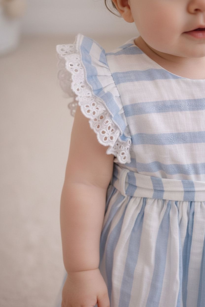 Blue Striped Cotton Dress with Ruffle Sleeves (6-24M) Baby dress FOR MY BABY