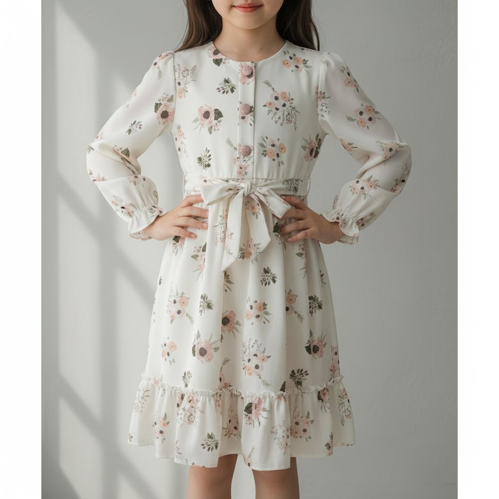 Floral Print Girls Dress with Tie Waist (9-12Yrs) Girls Wear ENFETTO