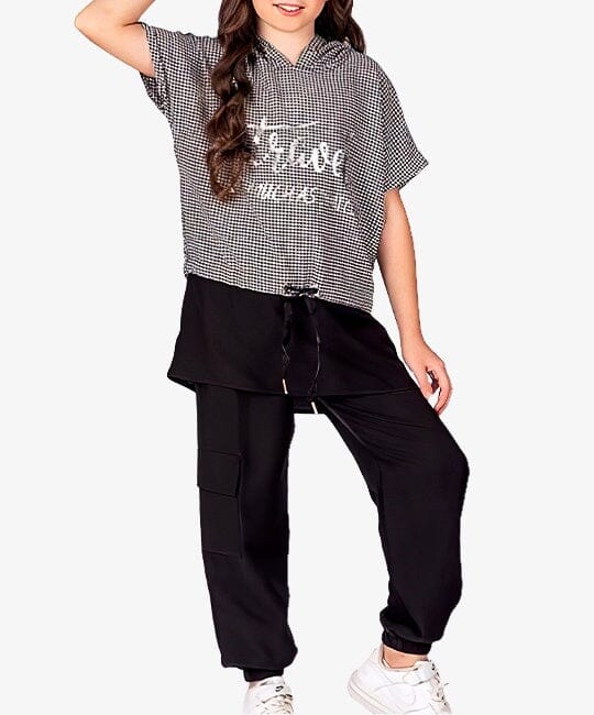Black - Cargo Jogger Pants and Square-Patterned T-Shirt Set General PAFIM