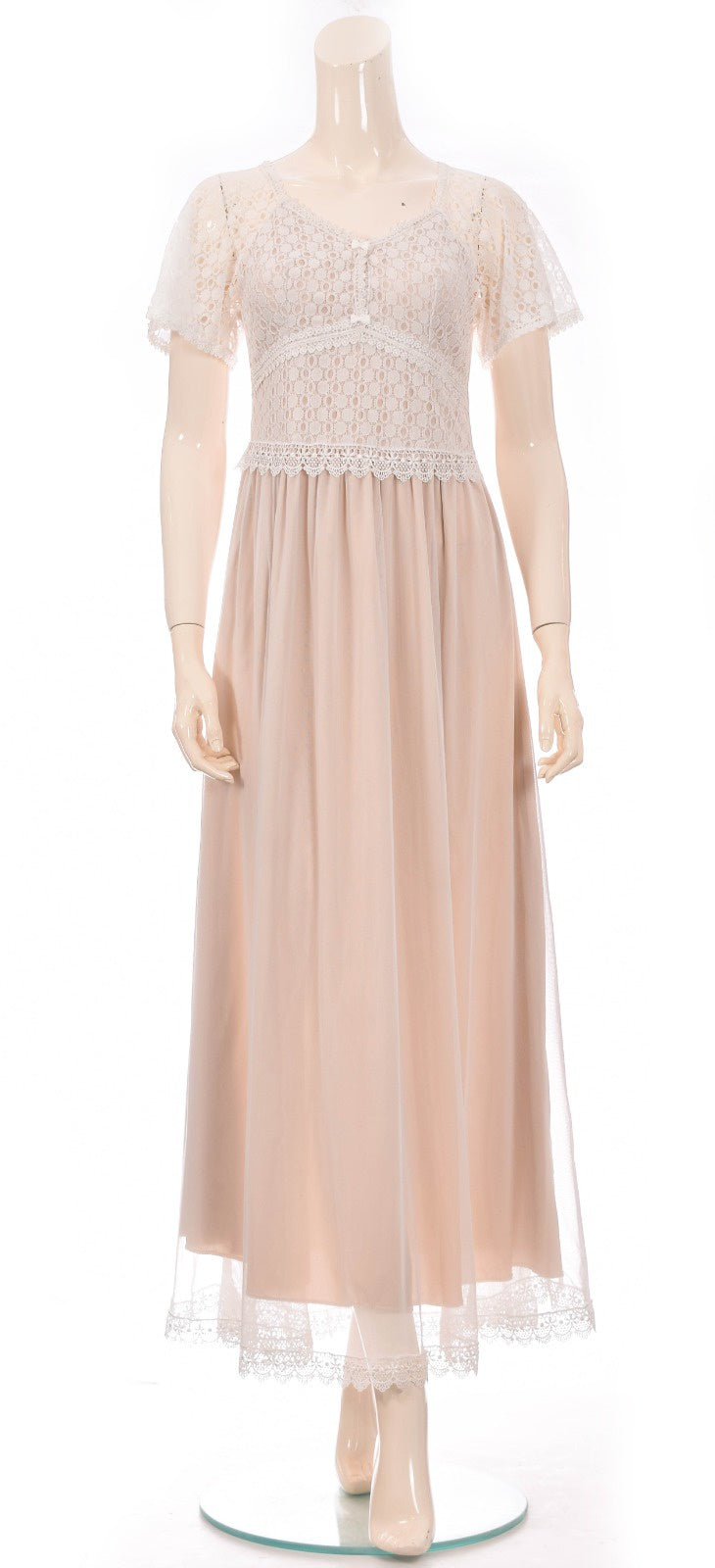 Royal Lace & Chiffon Night Dress - Beige Dress Coco Box 