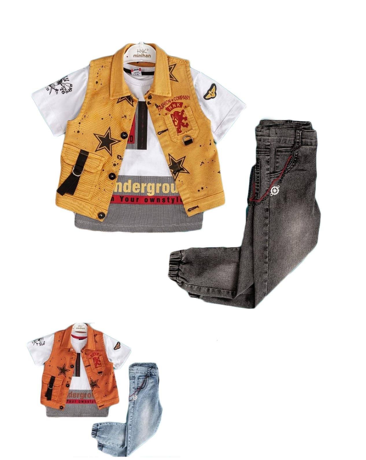 Trendy layered outfit for boys featuring a graphic vest and jeans.