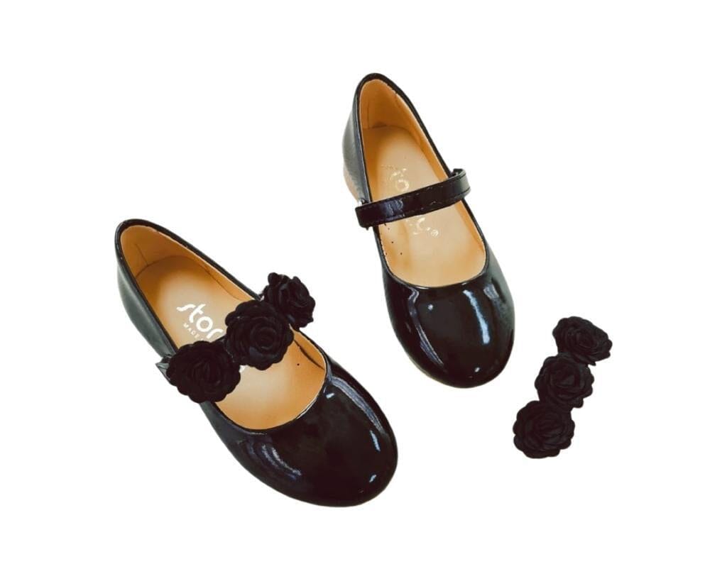 Black Flowers Leather Flat Girls Shoes General STORMY 