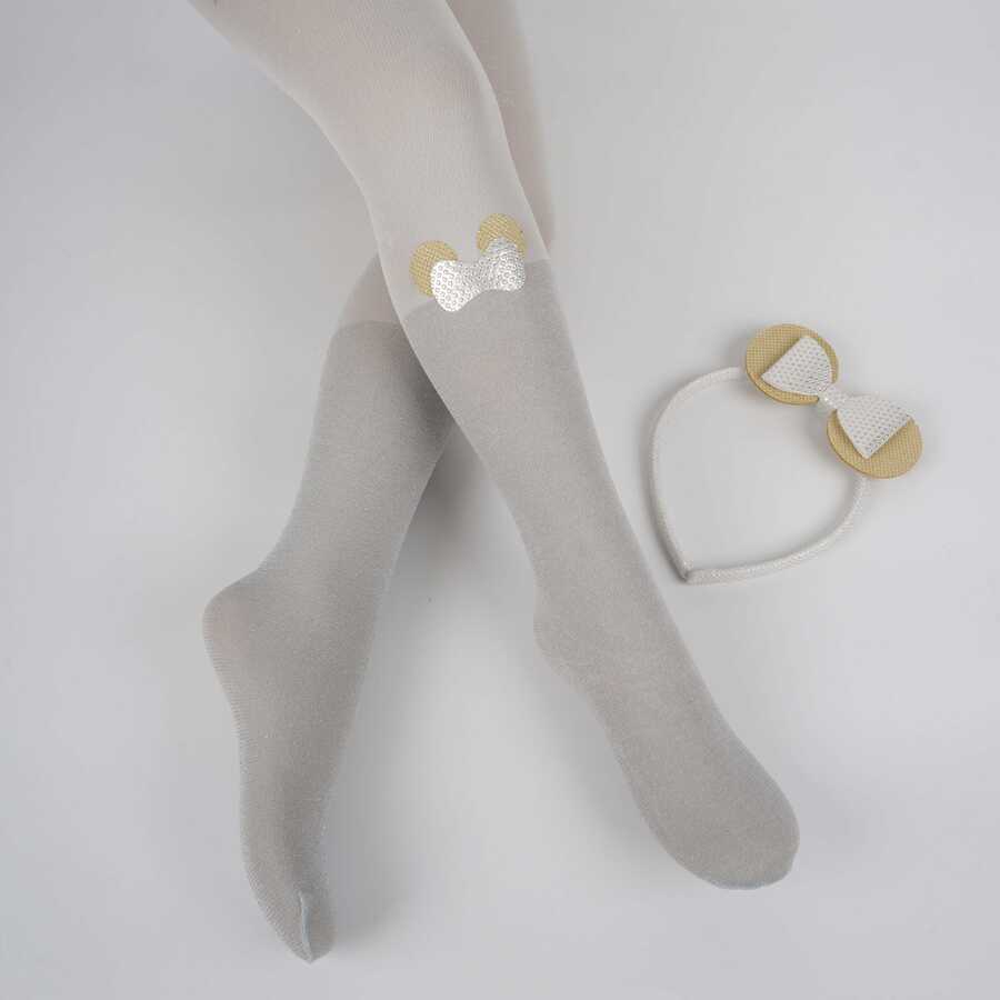 Cute Bow Girls Tights & Hairband Set - Grey & Gold General KATAMİNO
