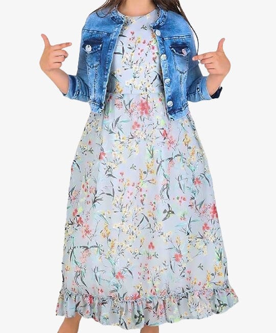 Jeans Jacket, Chiffon Dress with Belt Teenager Girls Fashion