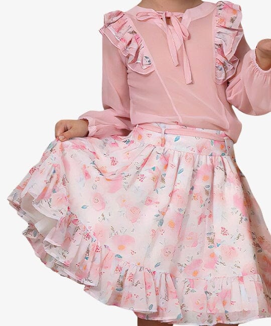 Pink Floral Skirt and Blouse Set with Long Sleeves for Special Occasions (Ages 3-16) General Himms 