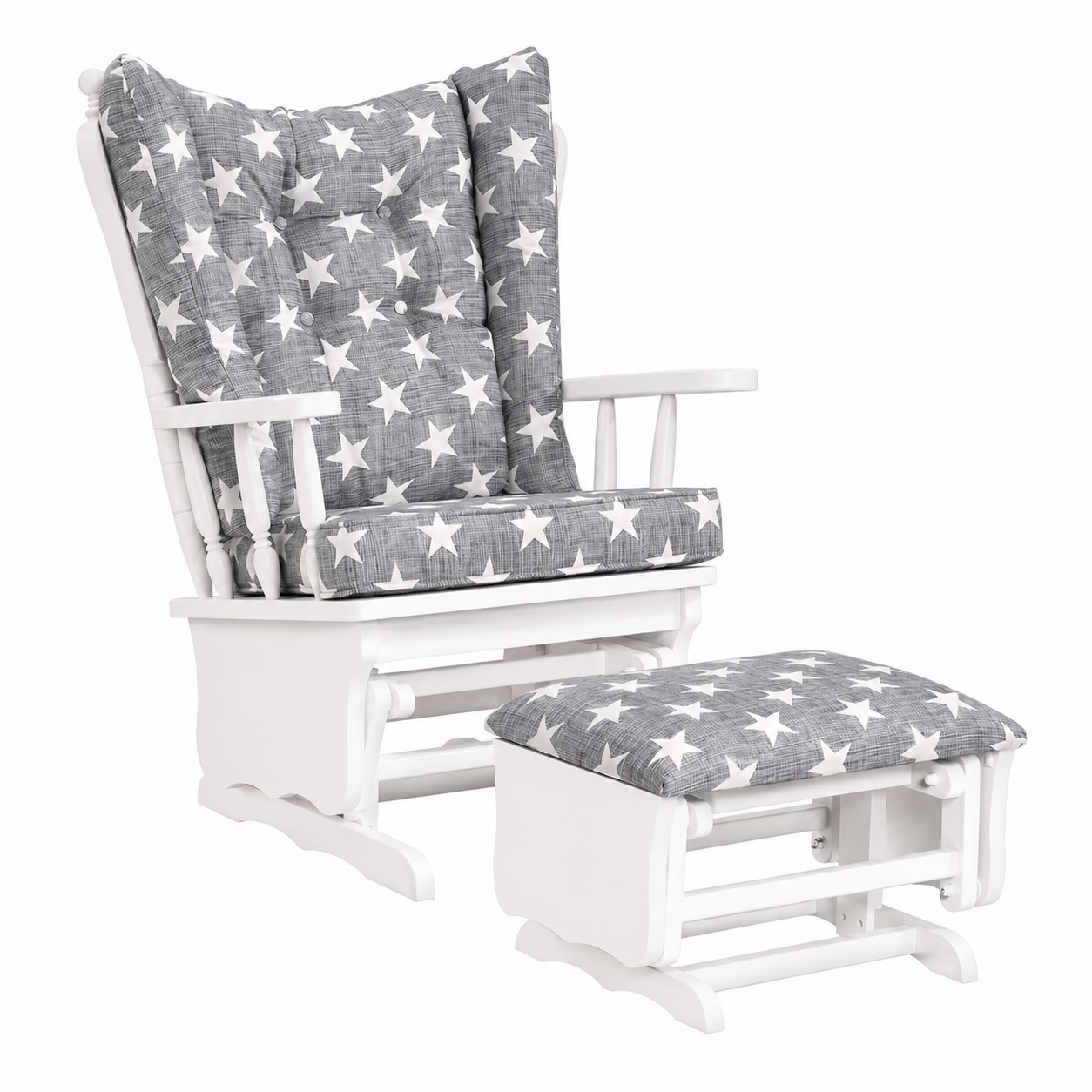 White wooden rocking chair and matching ottoman with gray star-patterned cushions.
