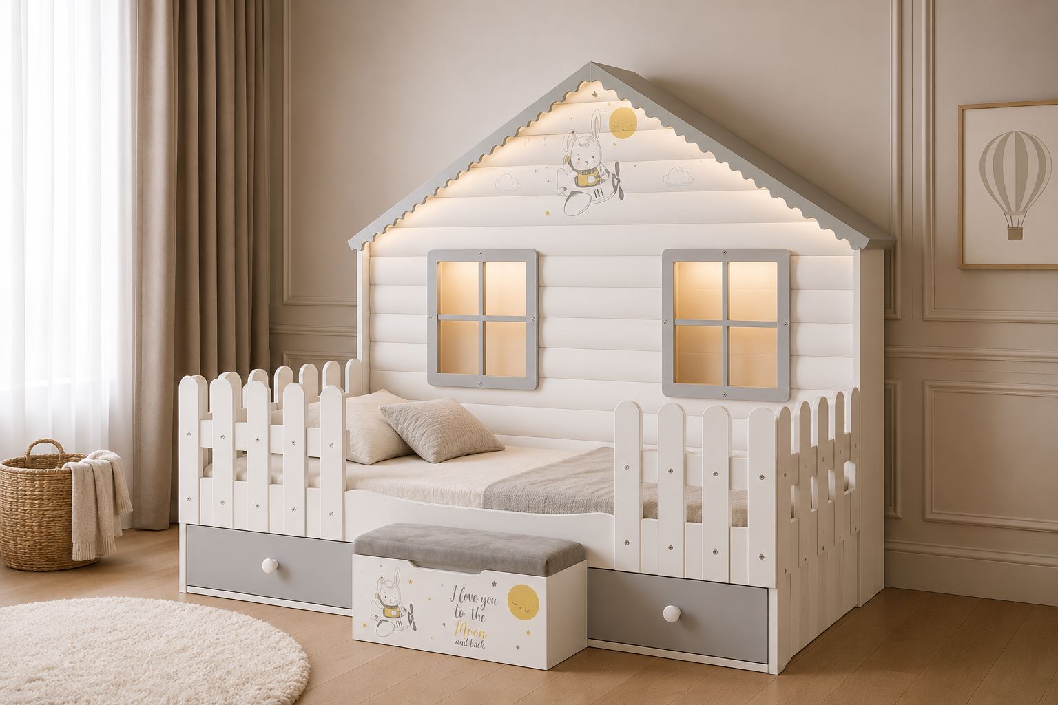 Premium Montessori House Bed with Storage & LED Lighting baby nursery room Meltemkids 