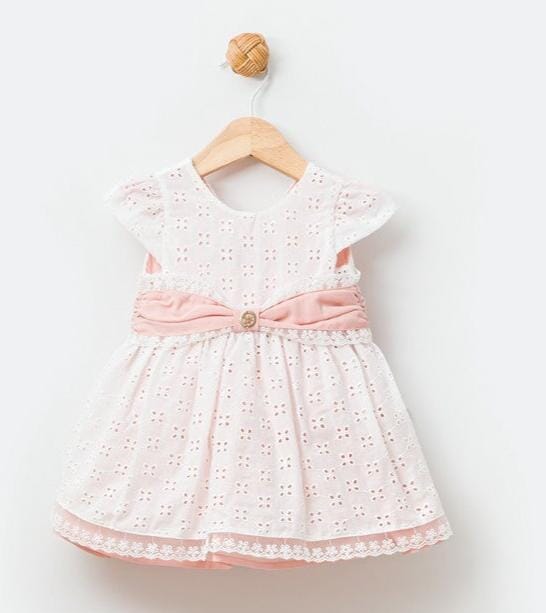 Babydola Ecru Lace Dress with Salmon Belt DRESS Babydola 