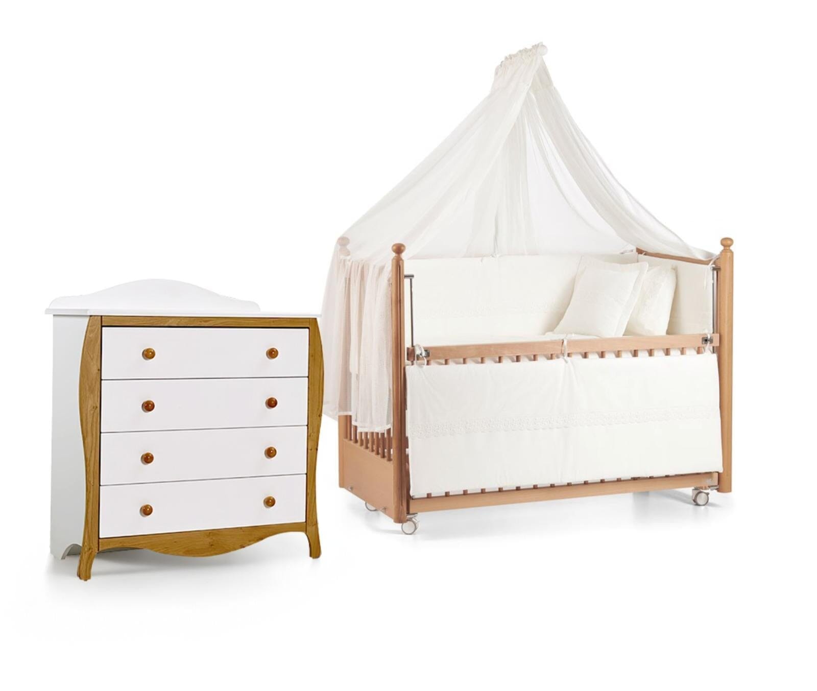 Timeless Charm Nursery Set by Meltem Kids featuring a natural wood crib and a white dresser, designed for style and functionality.