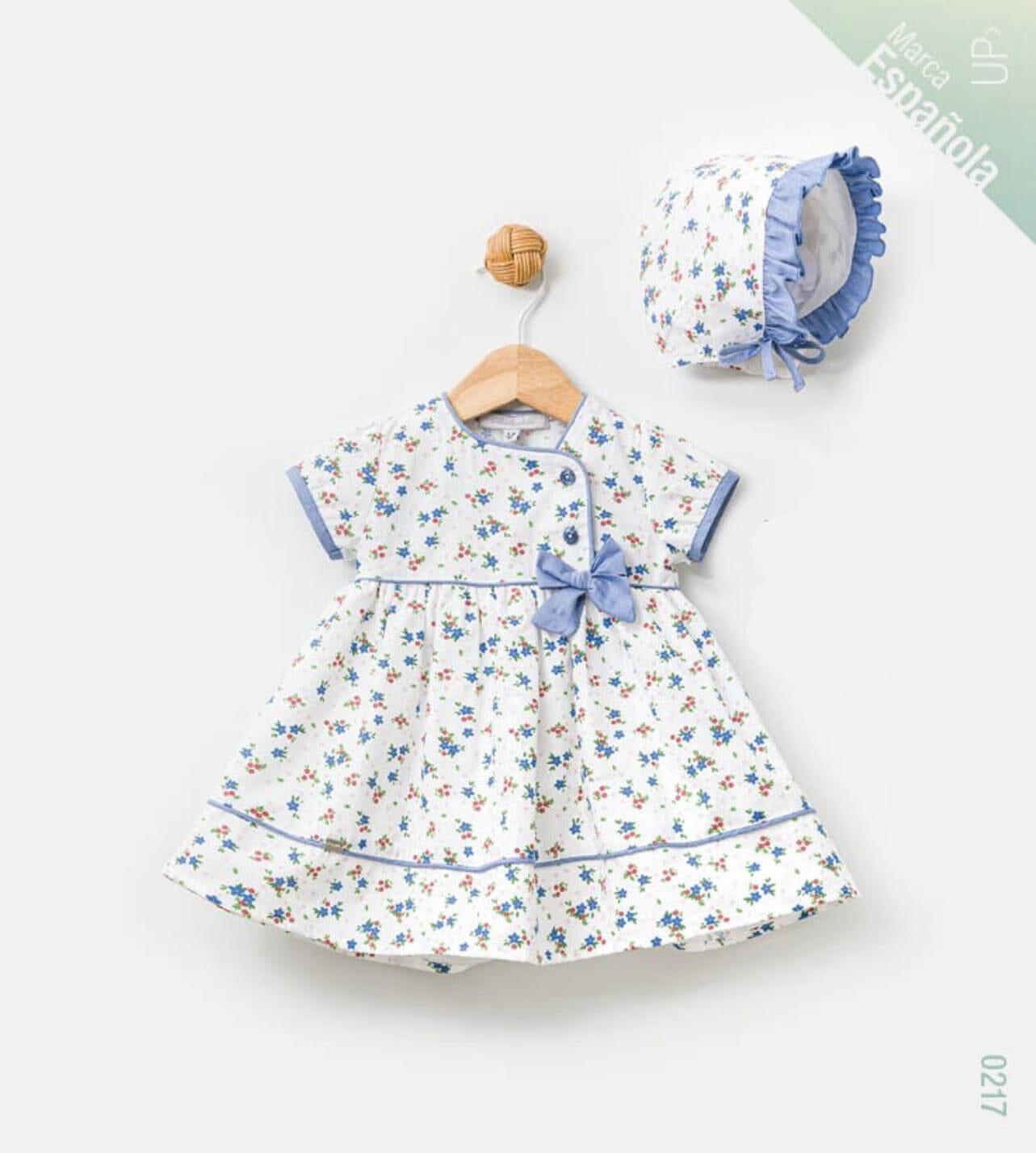 Floral dress and bonnet set for toddler girls, 100% cotton.