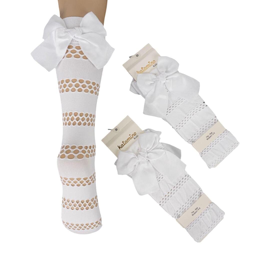 جوارب بيضاء بطول الركبة مع دانتيل وفيونكة Socks KATAMİNO 