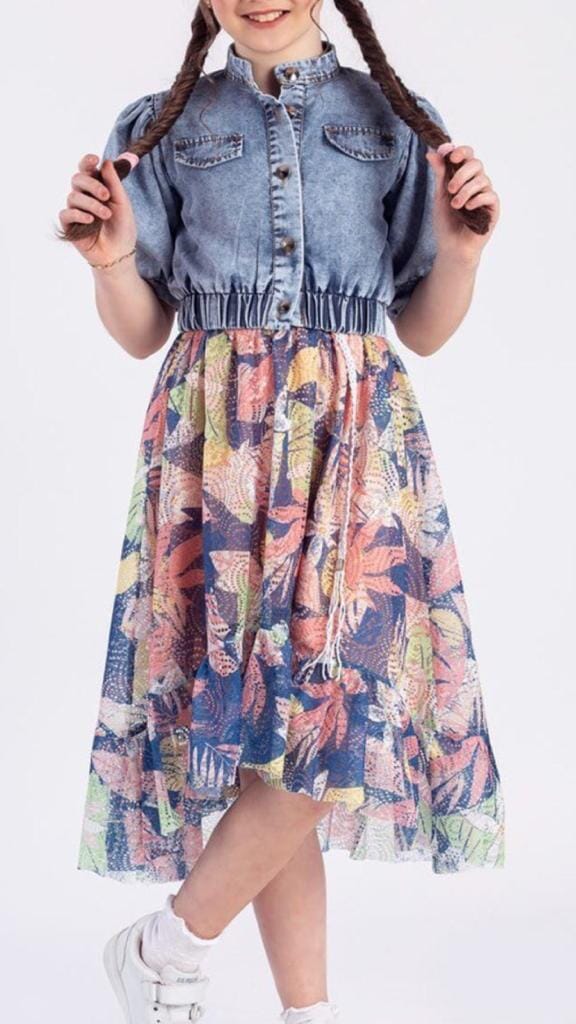 Floral Dress With Puff Sleeves Denim Jaket General PAFIM 