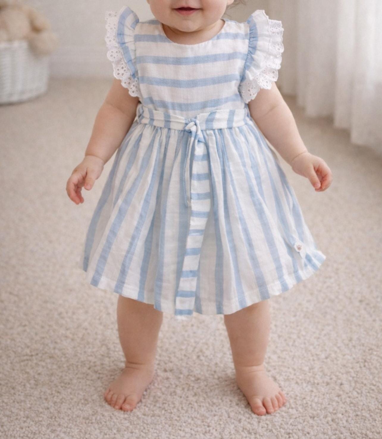 Blue Striped Cotton Dress with Ruffle Sleeves (6-24M) Baby dress FOR MY BABY 