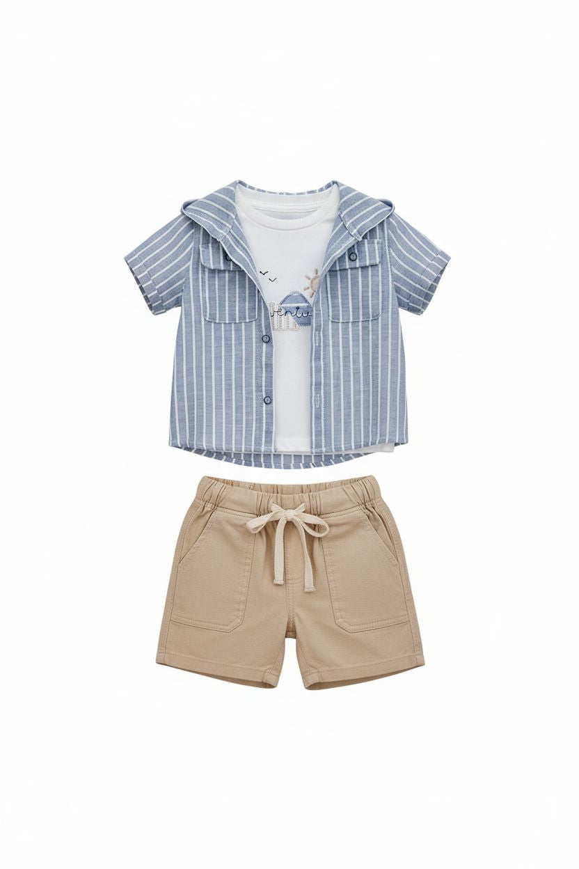 3-Piece Baby Boy Casual Set with Hooded Shirt & Shorts Baby Boy Set Top Kids 