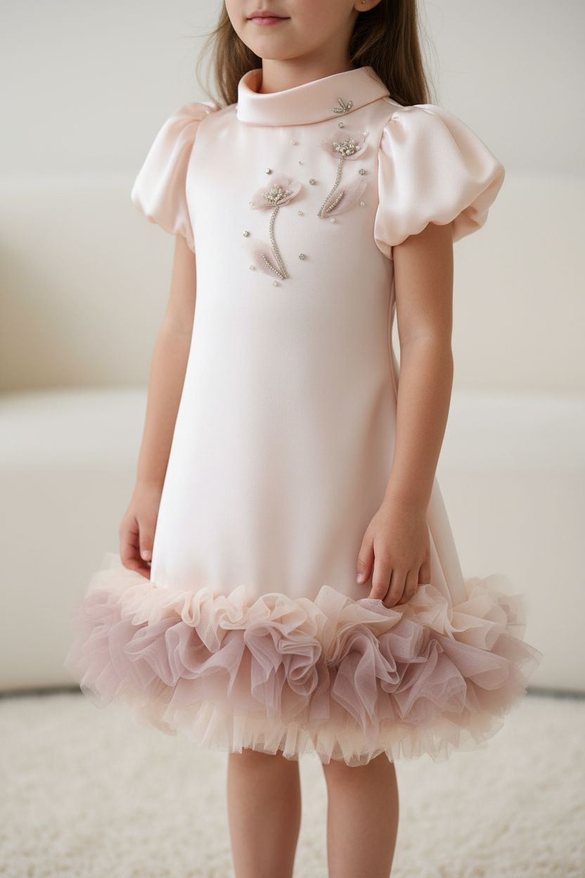 Salmon Pink Peter Pan Collar Satin Dress (4-8 Years) girls dress Elnora 