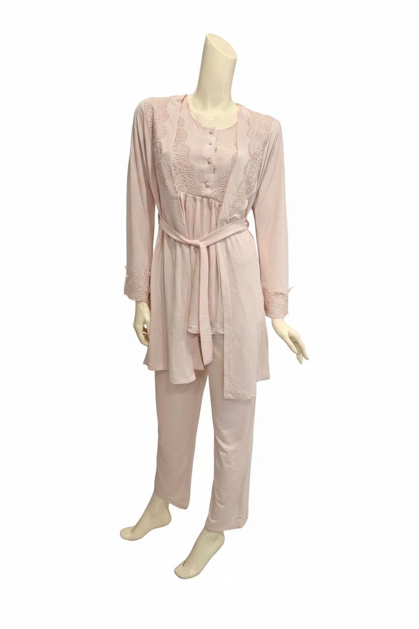 Lace-Detail 3-Piece Maternity & Nursing Pajama Set - Blush Pink pajama Xses 