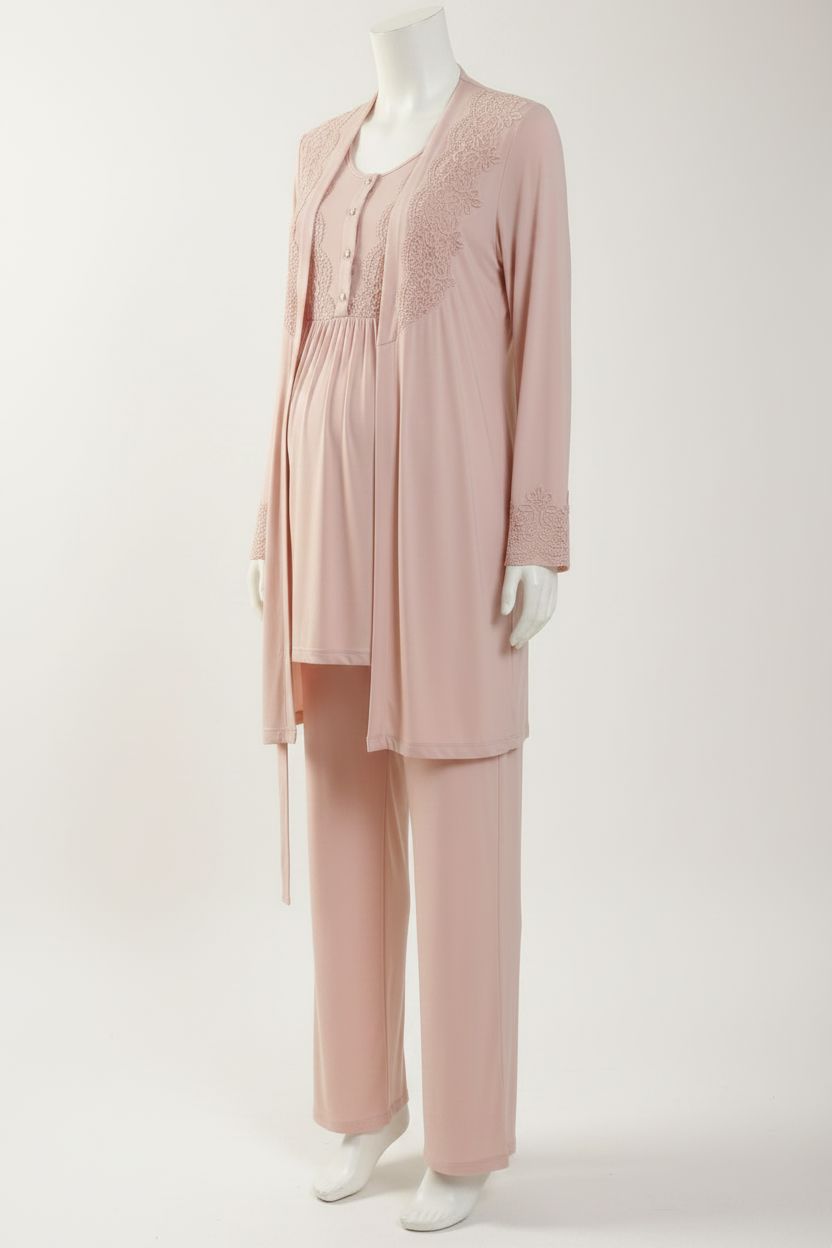 Lace-Detail 3-Piece Maternity & Nursing Pajama Set - Blush Pink pajama Xses 