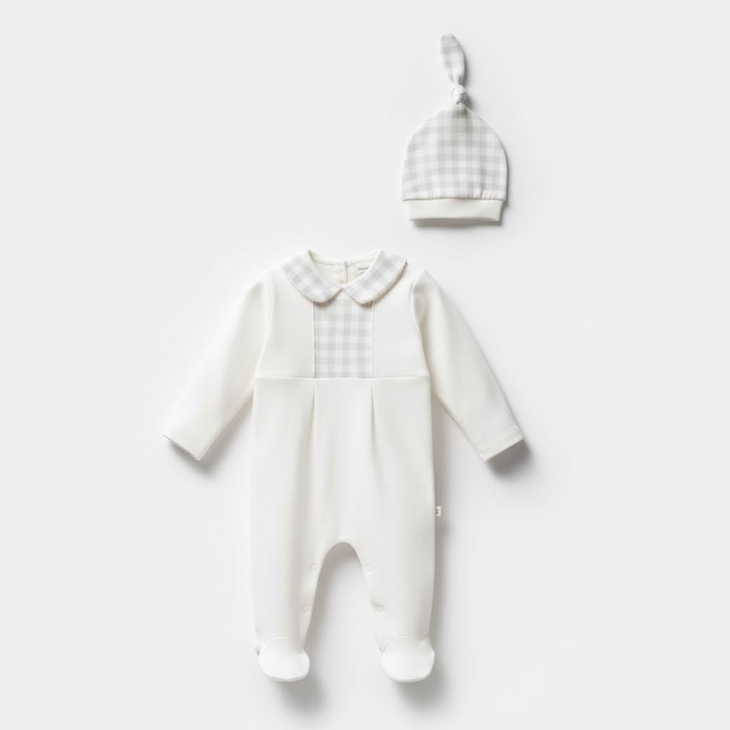 White Cotton Collar Romper with Fold-Over Mittens & Matching Hat Baby Romper Moi Noi 