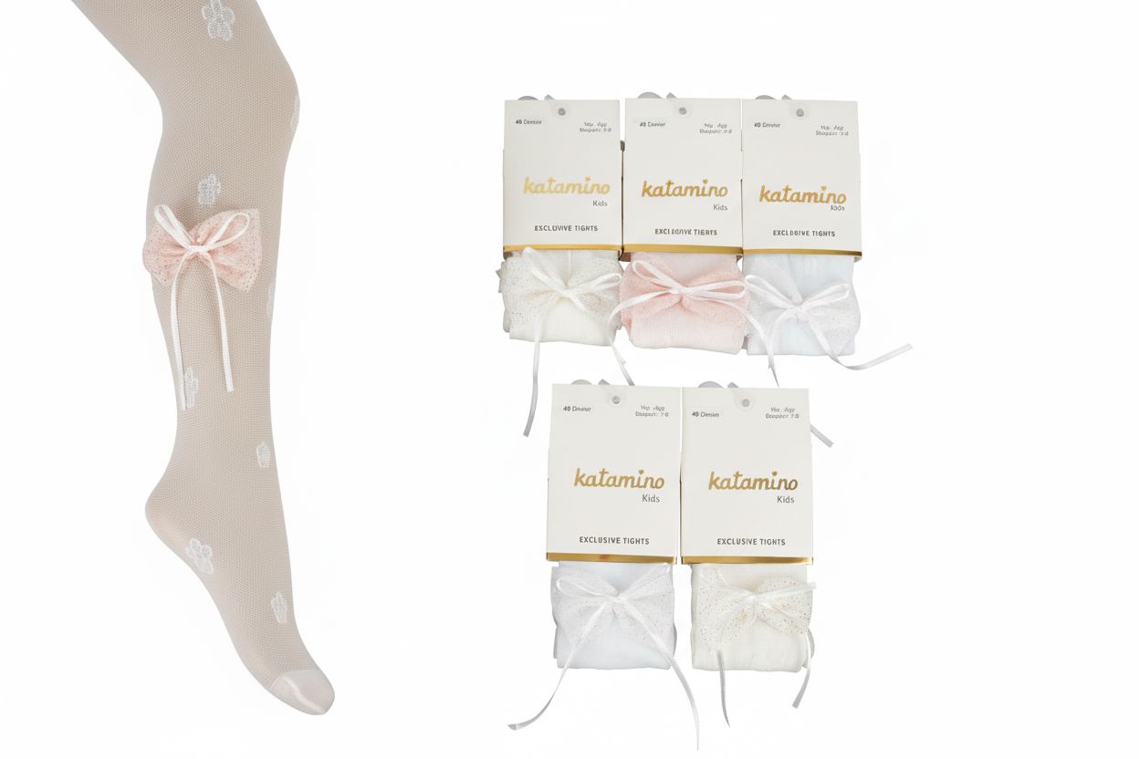 White Mesh Tights with Satin Bow Detail (1-12yrs) Socks KATAMİNO 