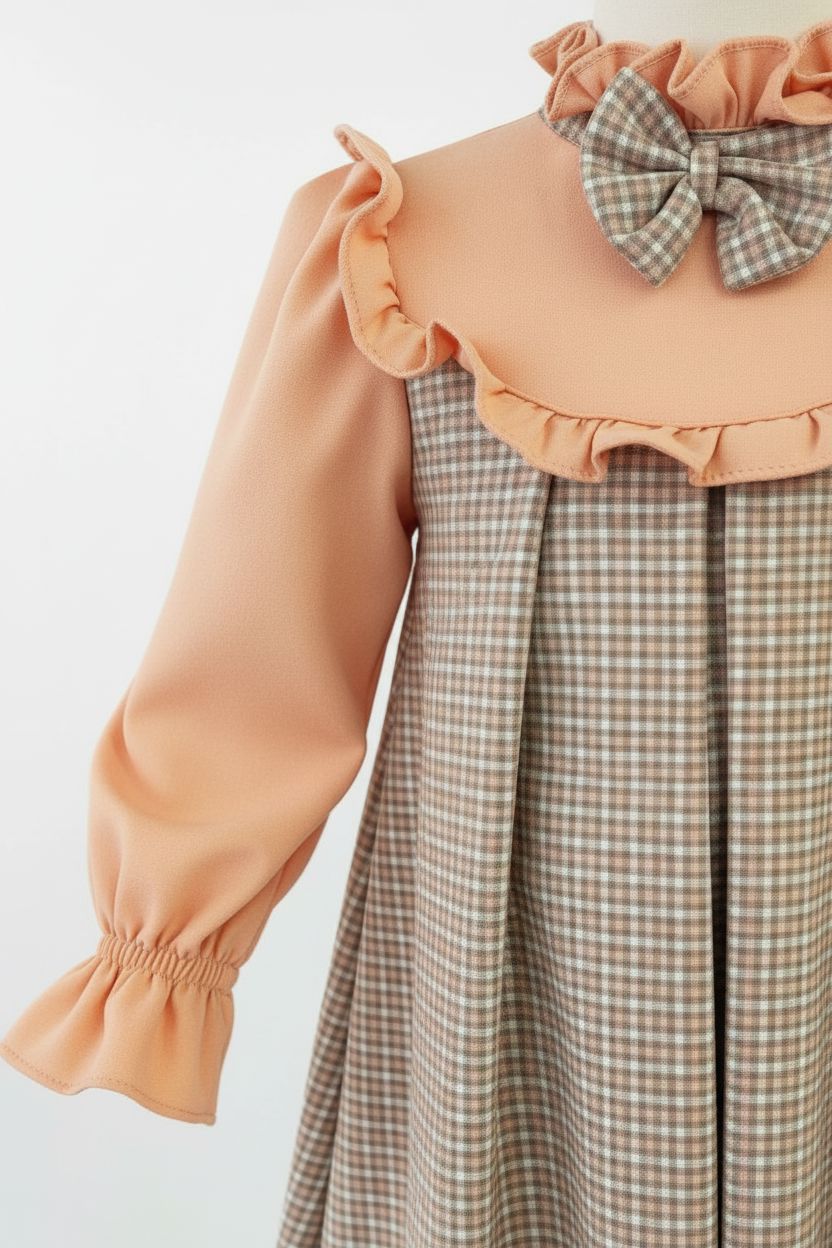Coral & Beige Plaid Long Sleeve Dress with Bow Detail kids dress Himms 