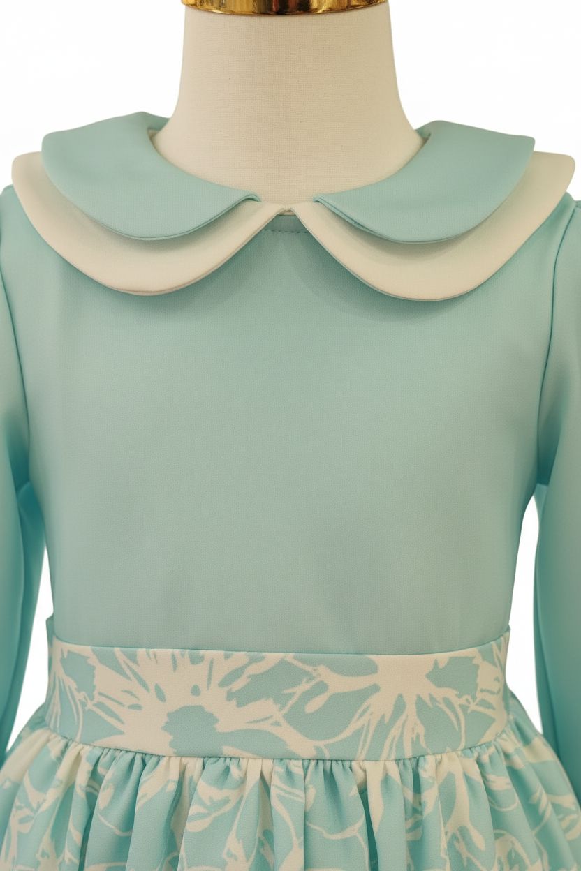 Turquoise Floral Jacquard Dress - Long Sleeve (8-13yrs) DRESS Himms 