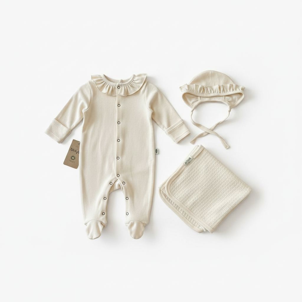 Cream Ruffle Romper Set - 3 Pieces Baby Gift Set Bistyle 